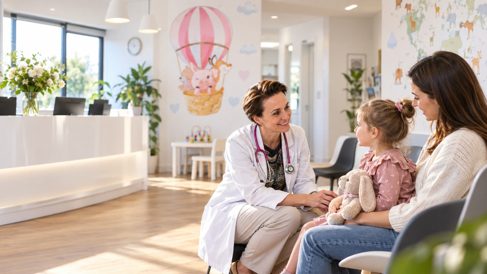 Pediatra rozmawia z dziewczynką i jej mamą w poczekalni